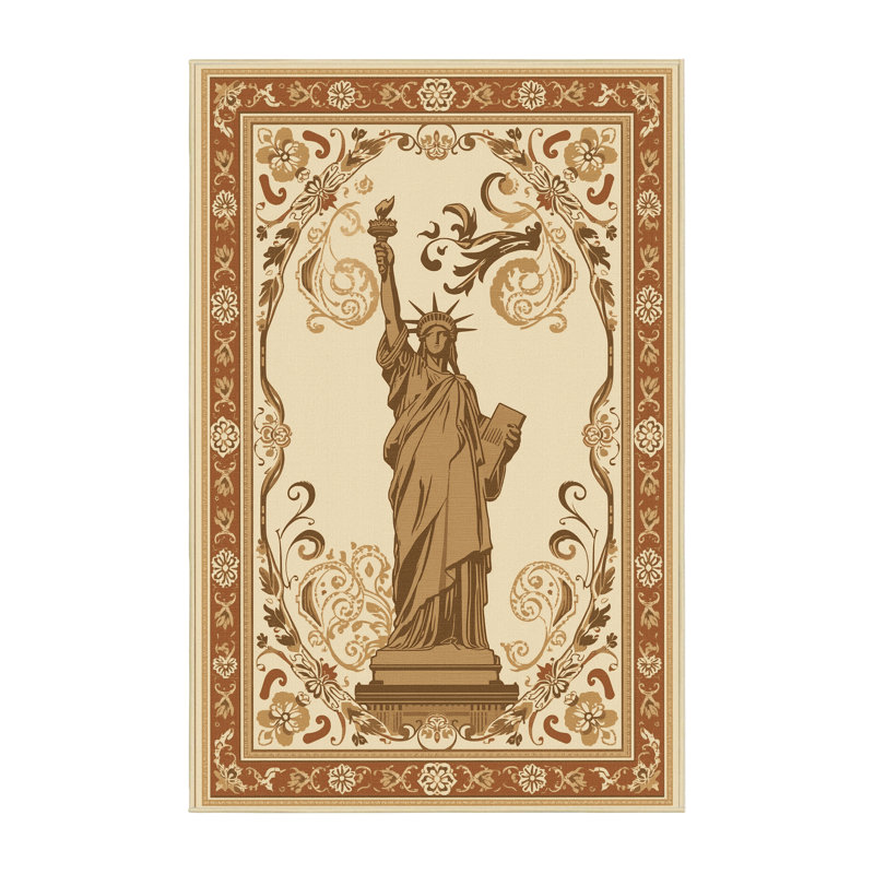 Tapis oriental délavé à la machine Statue de la Liberté Pandelica - beige, 6 X 9