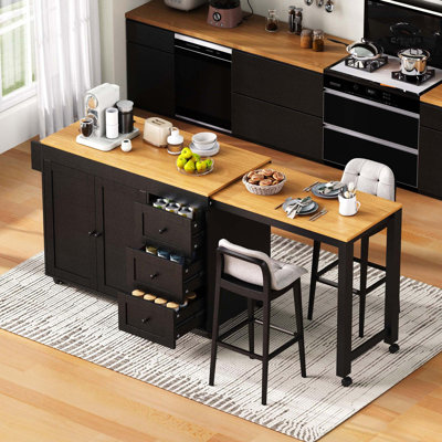 K&K 74.8" Kitchen Island With Extendable Dining Table, Kitchen Storage Cart With 3 Drawers, Power Outlet, Rolling Kitchen Island On Wheels With Spice Rack And 2 Door Cabinet, For Kitchen, Black