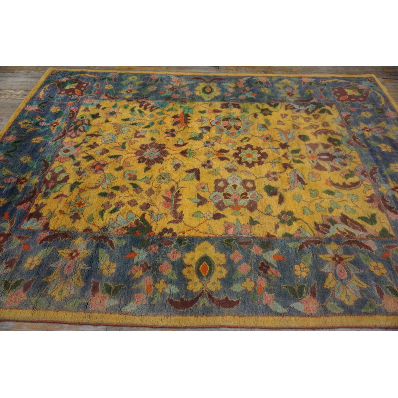 Happy Yellow Gold Color Antique Cotton Pile Indian Agra Floral Rug