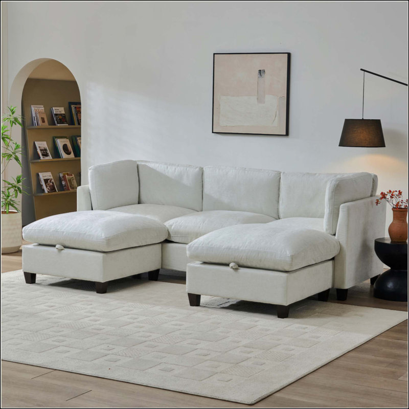 Canapé modulaire pour le salon, canapé rembourré en tissu de chenille doux avec rangement, canapé 3 places avec deux repose-pieds en forme de U