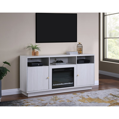 70-Inch Wide White Walnut Finish Fireplace Console For Large Tvs, Heater, Multiple Color Settings, 3 Shelves And 2 Storage Cabinets Tv Stand, Flame Colors, Open