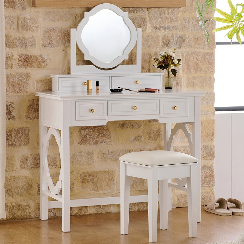 Compact Makeup Vanity Table With Reversible Mirror, Dressing Table Set With Stool, Space-Saving Beauty Station For Small Places, White