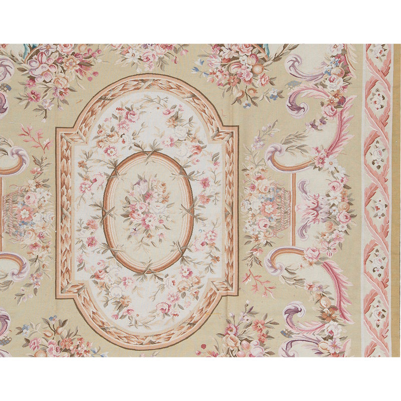 Hand-Knotted High-Quality Ivory and Green Area Rug