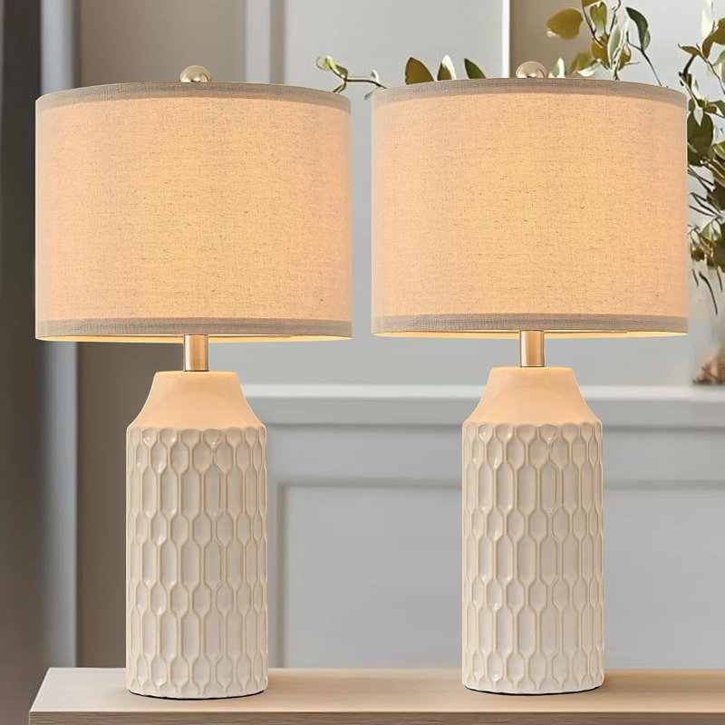 22" Beige Ceramic Table Lamp Set with Fabric Shade