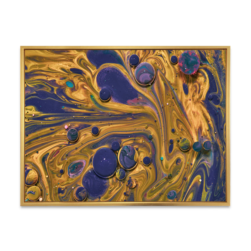 Art en acrylique jaune et bleu, H 24 po x l 36 po x P 1,5 po, Toile avec cadre flottant or