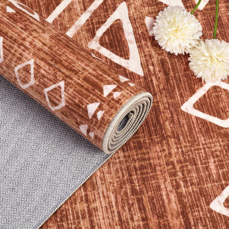 Boho Machine Washable Rug with Rubber Backing for Living Room Non-Slip Dining Room Rug Easy-Cleaning Floor Carpet for Bedroom Office Playroom_OKPHO_338N_Geometric_Brick Red