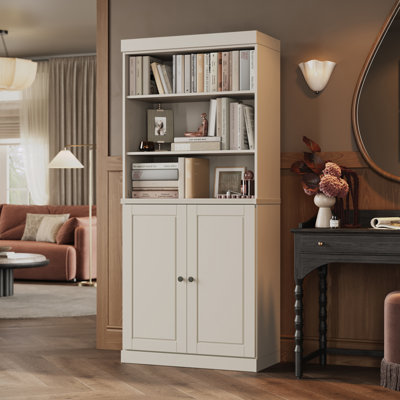 Victorya 100% Solid Wood Tall Bookcase with Doors, Adjustable Shelves, Modular Storage, Open Display Bookshelf, 32" W x 71.5" H