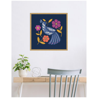 Boho Folk Art Bird Blue and Gold by Barritt Framed Canvas Wall Art Print