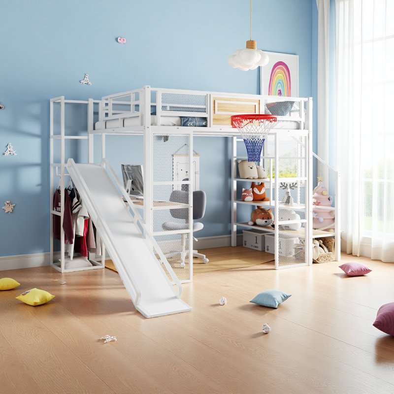 Full Size Metal Loft Bed With Built-In Desk, Open Wardrobe, Basketball Hoop, Slide And Staircase, White
