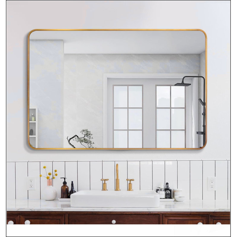Miroir de salle de bain rectangulaire avec cadre en verre de haute qualité et aluminium antirouille, Doré
