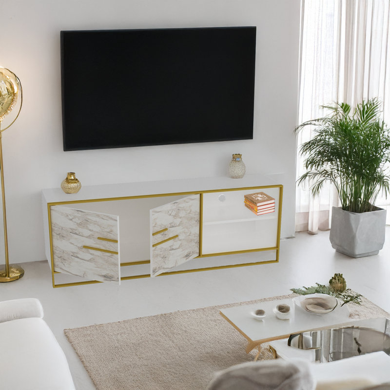 Meuble télé à motif en marbre pour téléviseur de 70 po ou moins, 2 armoires et 2 tablettes