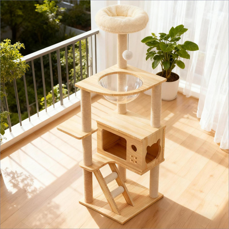  Arbre à chat 48,8 po en bois et lin blanc moderne, tour pour chat d'intérieur avec poteaux à griffer en sisal, maisonnette pour chat avec hamac en acrylique pour chats de toutes tailles