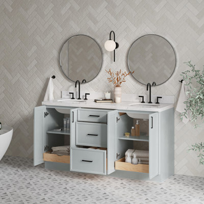 Ensemble de meuble-lavabo double ovale avec comptoir en quartz blanc Carrara de 66 po Ariel Kellie
