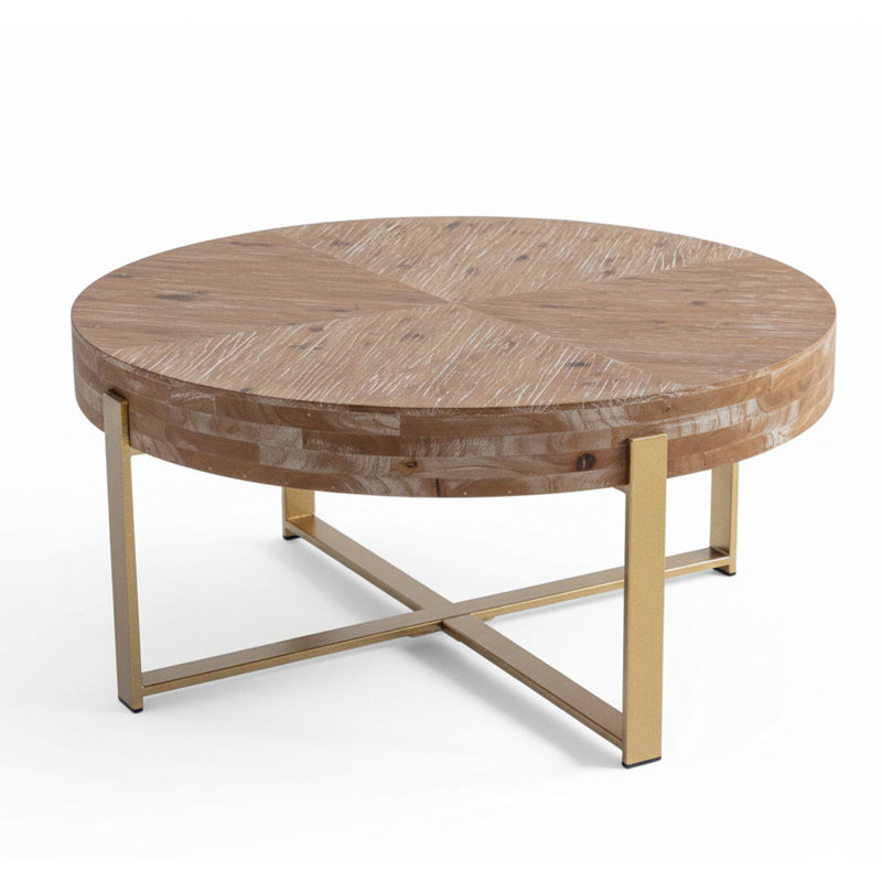 Modern Retro Round Coffee Table with Gold Cross Legs – Fir Wood & MDF, Spliced Design, 13.38" H x 31.29" L x 31.29" W, Gold