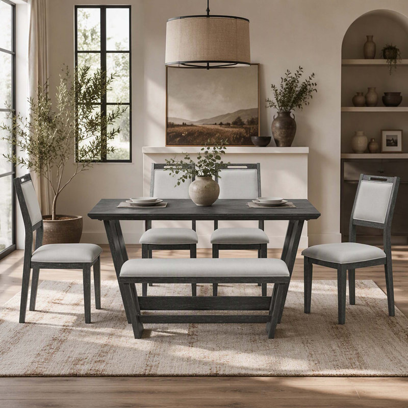 Ensemble de table de salle à manger 6 pièces pour 6 personnes, ensemble de 6 tables de cuisine en bois et chaises de 60 po avec base en tréteaux pour la cuisine et la salle à manger (gris)