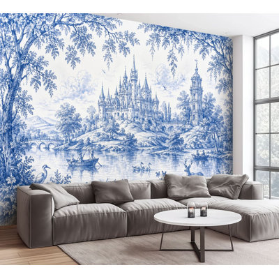 Wall Mural Peel and Stick Wallpaper Blue Monochrome Castle Landscape Lake Boats Wildlife Self-Adhesive Removable Contact Paper Wall Decor for Living Room Bedroom 100"H x 144"W