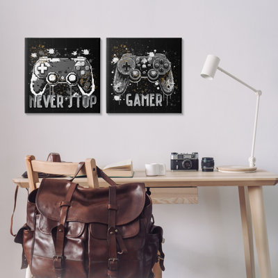  Never Stop Modern Gamer 2 PC Canvas Wall Art Set by Kim Allen