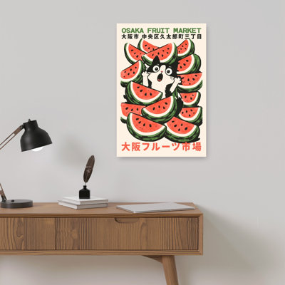 Surprised Cat Watermelon Playful Whimsical Contemporary Cat Fruit Summer Wall Art Print 1 Piece Wrapped Canvas Wall Art