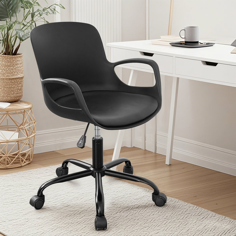 Office Chair With Wheels Task Chair Adjustable Swivel Seat With Fixed Arm Faux Leather Pad Work Computer Desk Chairs Vanity Chairs For Home Office