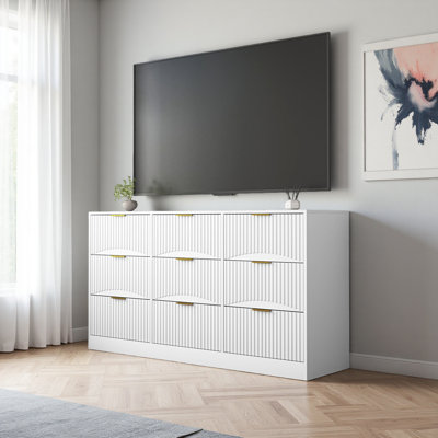 Commode 9 tiroirs, grande commode profonde de 63 po, armoire de rangement en bois avec 9 tiroirs pour la chambre à coucher, commodes longues pour le salon, couloir, panneau de tiroir avec motifs ondulés