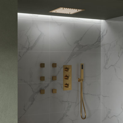 Thermostatic Rainfall Shower System, Ceiling Mount 12" LED Shower Head with Handheld Spray, 6 Body Jets Set