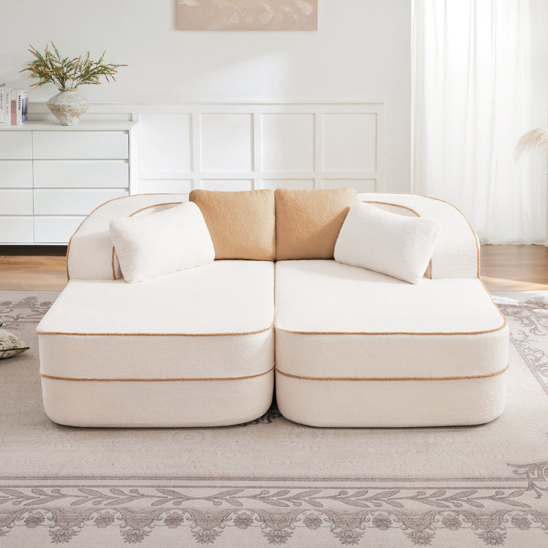 Canapé-lit en velours 77,2 po, méridiennes doubles, blanc, sans assemblage, mousse haute densité 32D, dossier incurvé ergonomique, base antidérapante, pour salon méditerranéen, accoudoirs sans os, structure.