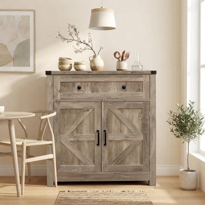 Meuble de rangement d'appoint de style champêtre avec tiroir et portes coulissantes, buffet/bar à café, fini gris pâle délavé
