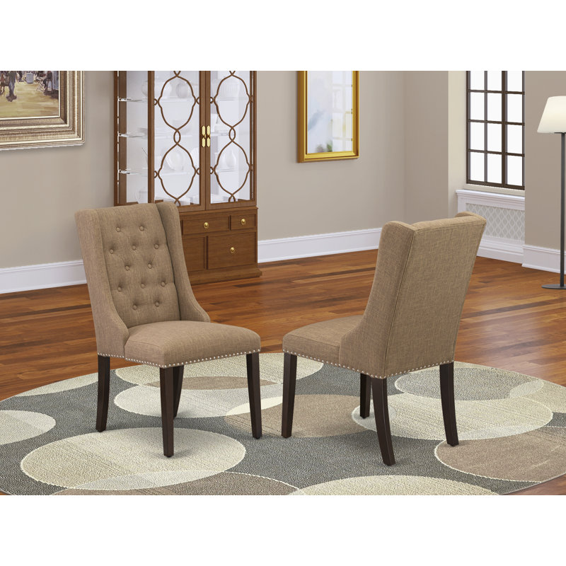 Forney Parsons Dining Chairs - Button Tufted Nailhead Trim Light Sable Linen Fabric Upholstered Chairs, Set of 2, Mahogany