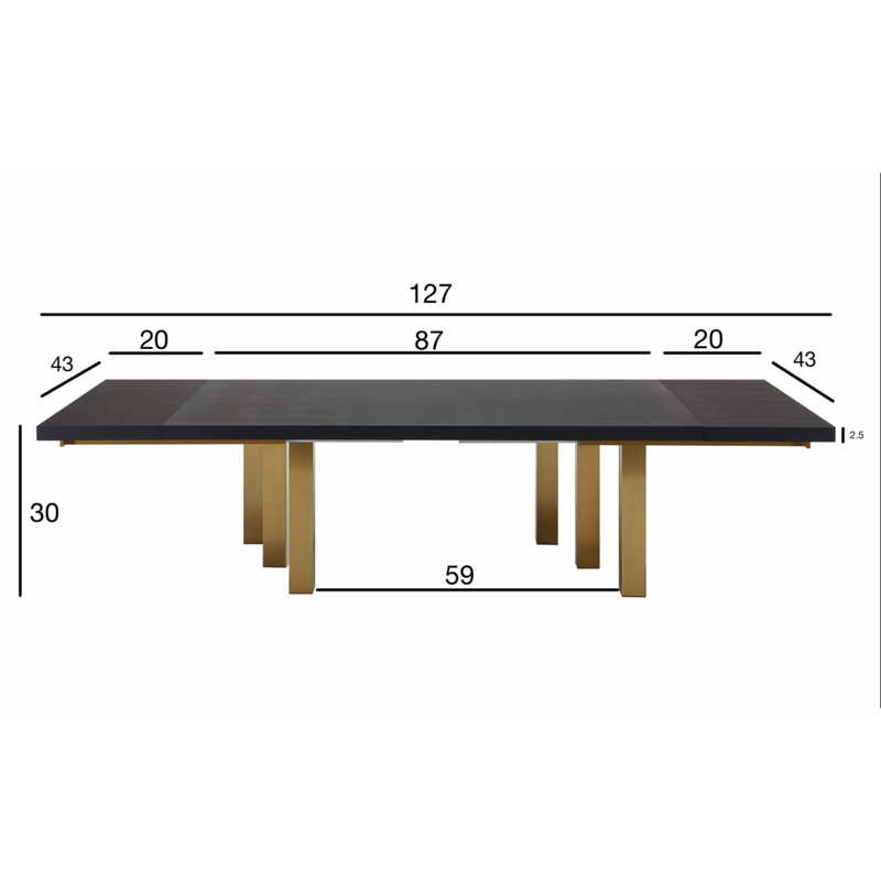 Table de salle à manger extensible Bravo avec 2 feuilles, plateau noir mat et base or mat, Doré, Noir mat