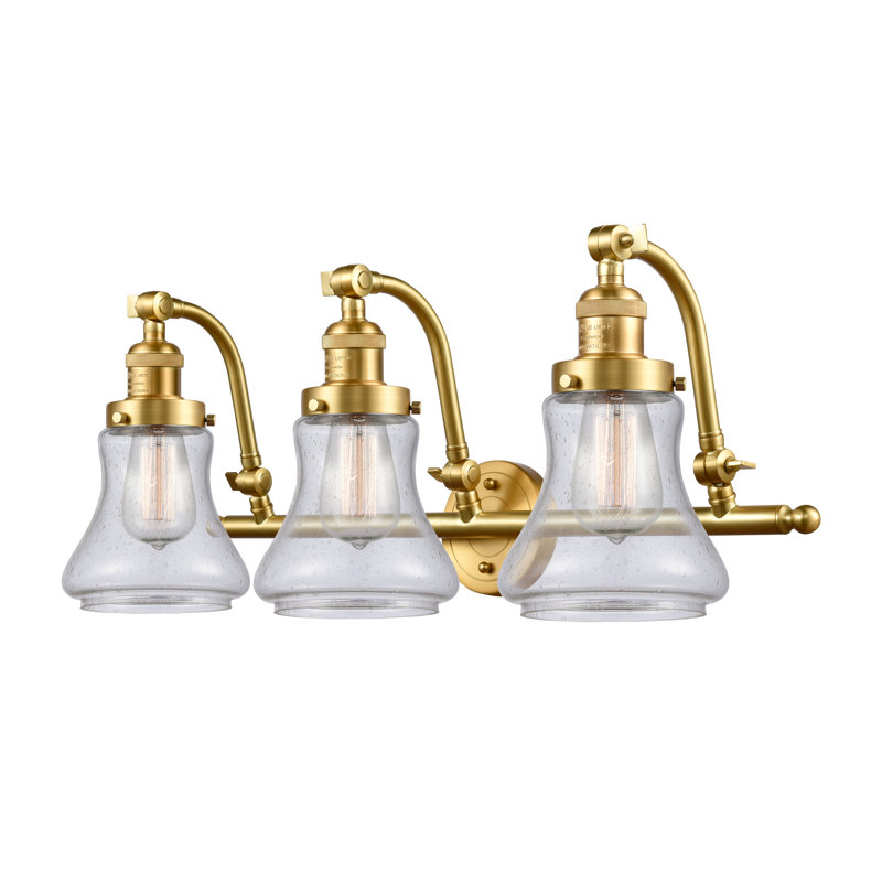 Purcellville 3 - Light Dimmable Vanity Light, Cased Matte White Seedy, 6 Watt Vinage LED Bulb, Satin Gold
