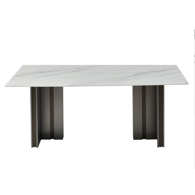 69.30 Inch Rectangular Dining Table, Modern Style, Tempered Glass With Marble Texture Tabletop, Matte Brushed Table Legs, Suitable For 4-6 People, Whi