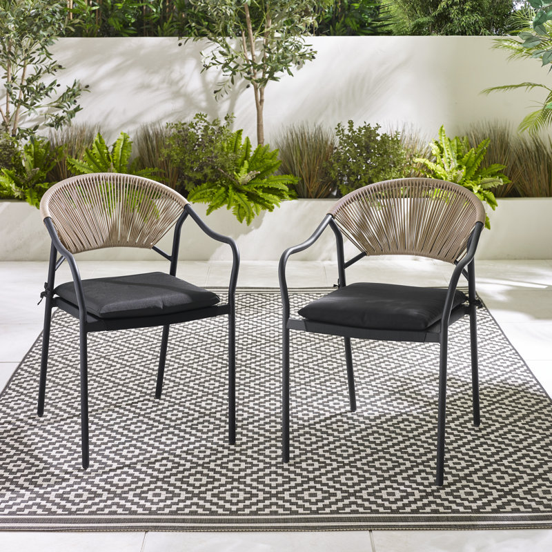 Alvino Set of Garden Dining Chairs - Metal Frame with Natural Rattan for Modern Boho Patio, Black