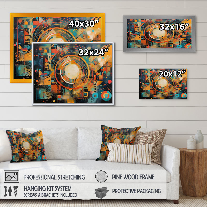 Orange et bleu, vibrations géométriques II - reproduction d'art sur toile géométrique moderne, H 24 po x l 32 po x P 1 po