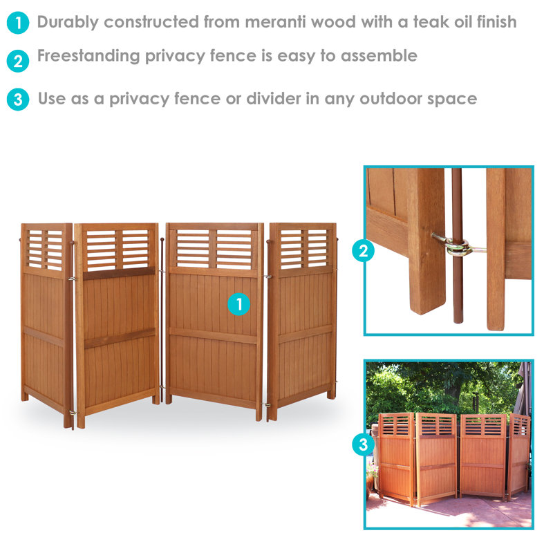 Brown Meranti Wood Folding Outdoor Privacy Screen with Teak Oil Finish