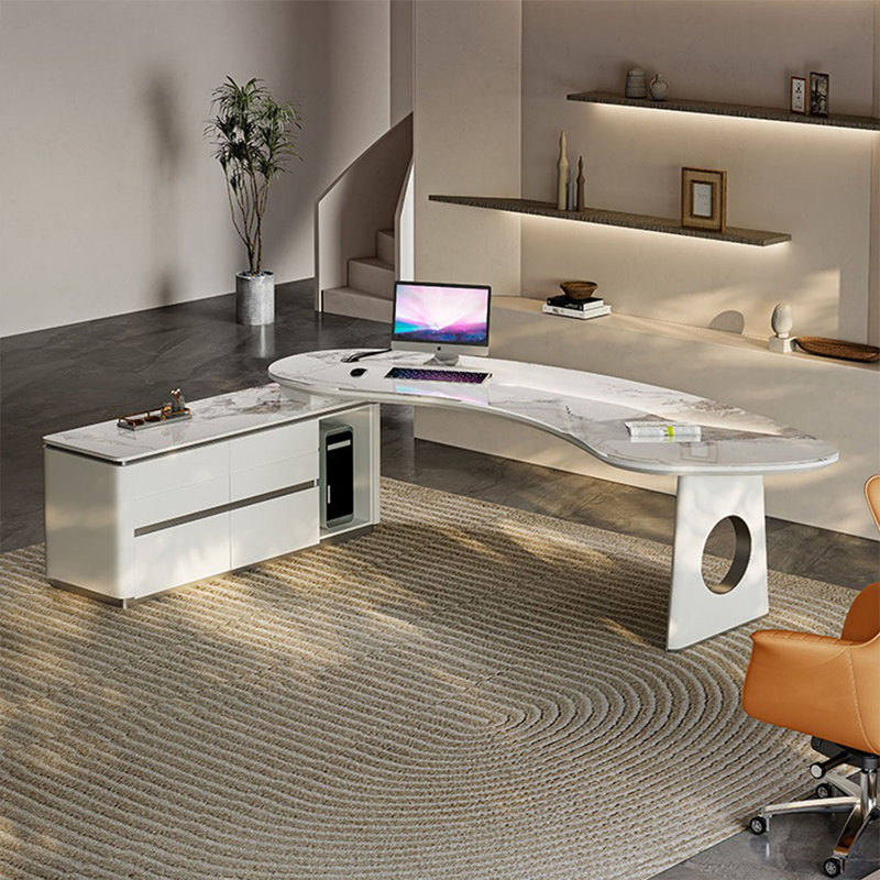 Gray Rectangular Stone+Solid Wood+Stainless Steel with 4 drawers desk