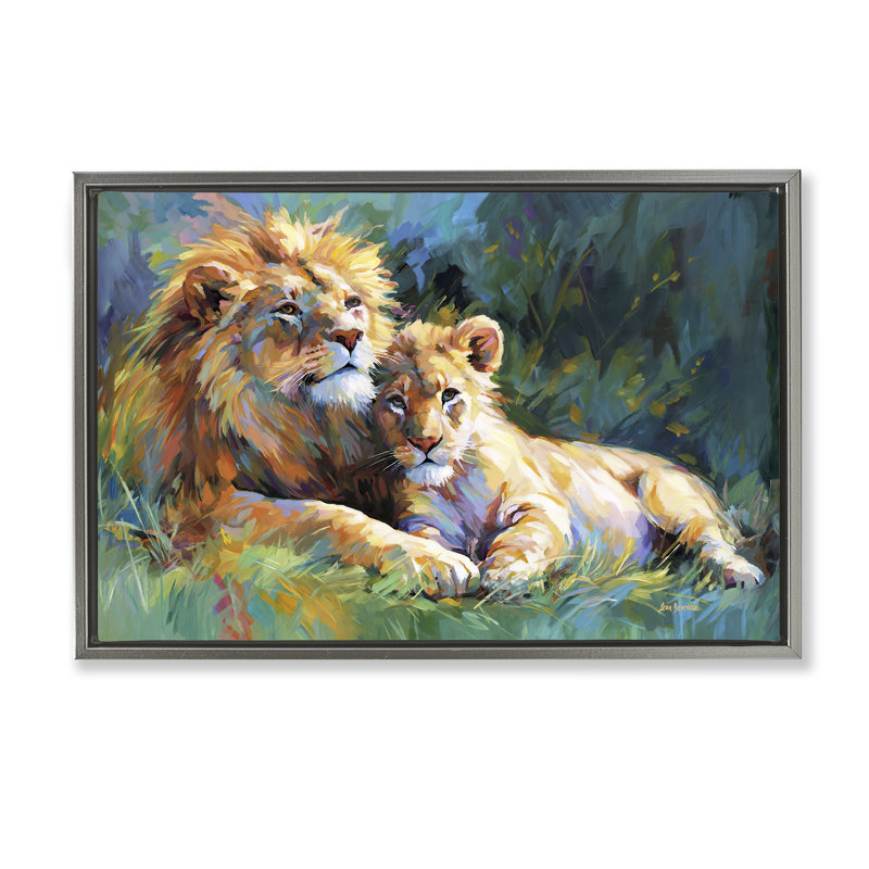 «Lion's Embrace Portrait», toile flottante encadrée dorée par Leon Devenice, Cadre flottant gris lustré, H 17 po x l 25 po