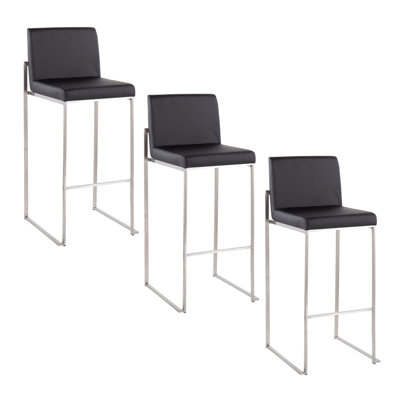 Fuji 30" Contemporary High Back Bar Stools - Set of 3, Black Faux Leather Upholstered with Stainless Steel Frame for Modern Kitchen Island Seating