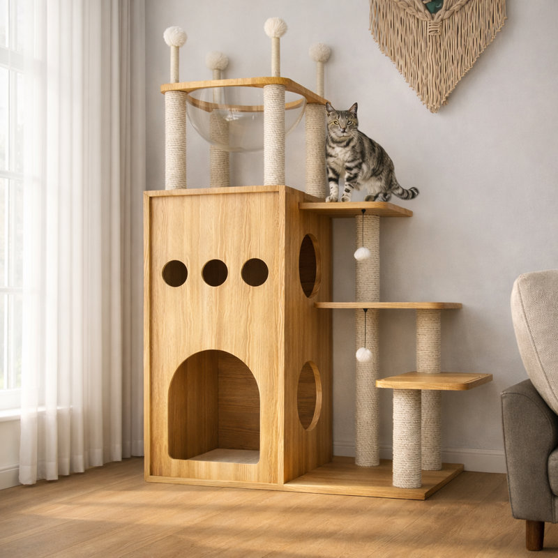 Arbres à chat en bois Tavion, tour à chat, arbres à chat pour grands chats, Beige, H 51,2 po x l 31,5 po x P 15,7 po