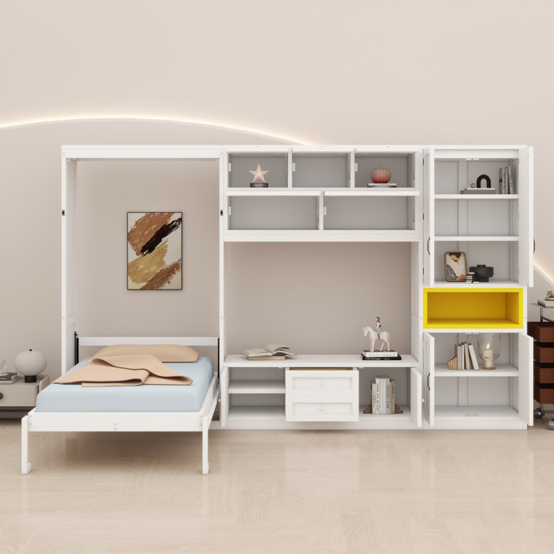 Lit escamotable en bois avec meuble télé, Blanc