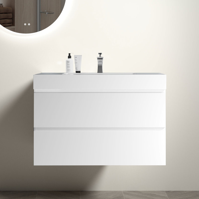 Élégant lavabo intégré à surface solide blanche avec trop-plein, rehaussant l'ambiance et la fonctionnalité du lavabo brillant de style salle de bain