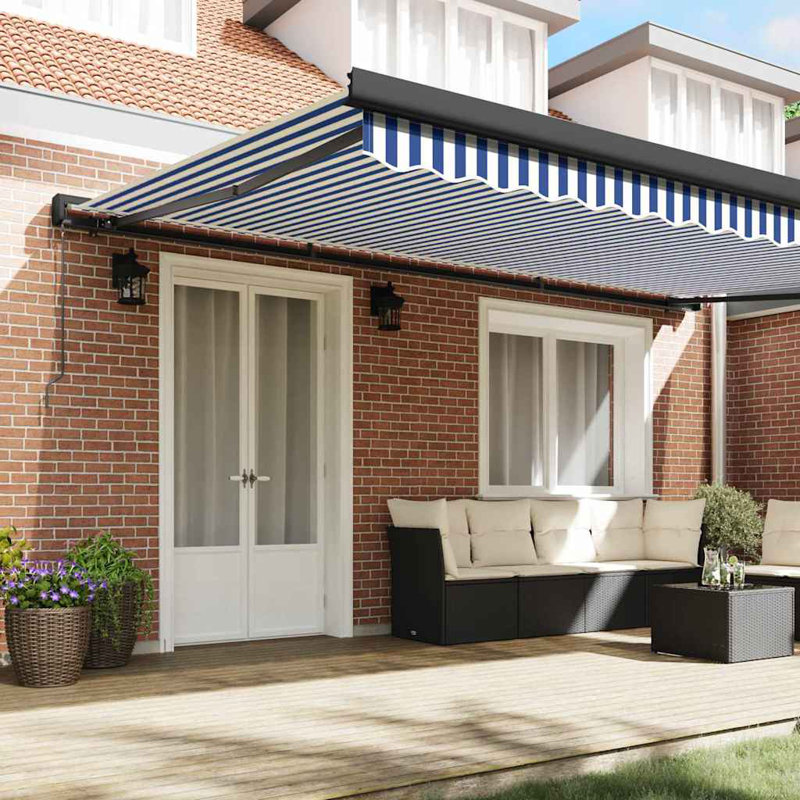 Ivy Bronx Fabric Cover Retractable Patio Awning, 500cm H x 300cm W, Blue;White/Black Striped