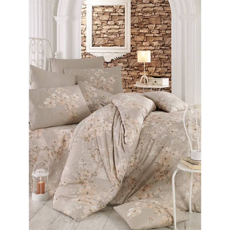 100% Cotton Ranforce Single Quilt Cover Set, Brown & Beige with Salmon Accents | Duvet Cover 63 x 87, Flat Sheet 63 x 94, Pillowcase 20 x 28 | 140 Thread Count, Machine Washable, Button Closure for Duvet & Envelope Pillowcase