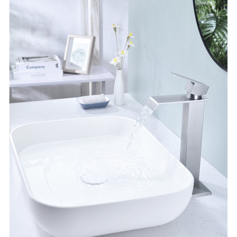 Robinet de lavabo de salle de bain avec jet en cascade et bec en acier inoxydable pour un ajustement facile, Nickel brossé