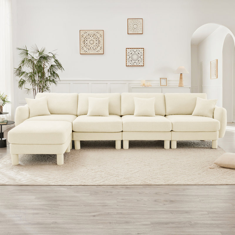 Boucle Fabric Convertible L Shape Sectional 4-Seater Sofa With Shell-Shaped Armrests And Removable Ottoman, Cylindrical Legs