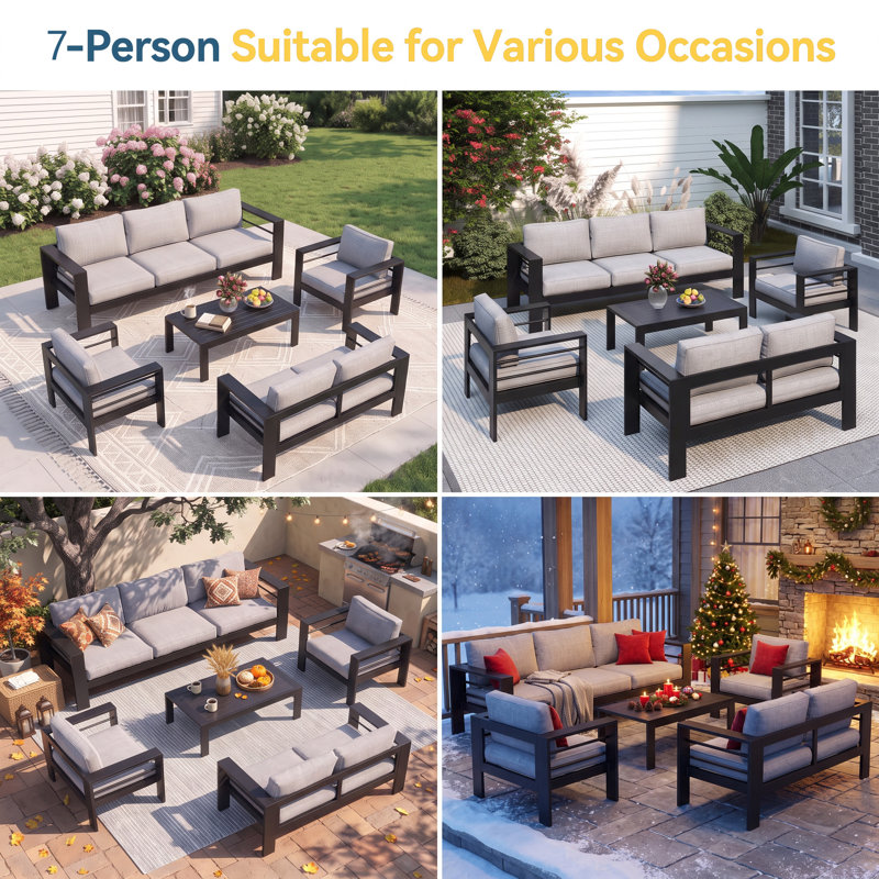 All-Aluminum Patio Furniture Sets for All Weather, 7-Person Outdoor Furniture Set with Soft Cushion, 5-Piece Outdoor Conversation Sets with 3.2" Widened Armrest
