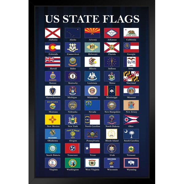 USA State Flags Classroom Chart Blue State Flag Patriotic Posters American Flag Poster of Flags for Wall Flags Poster US Cool Wall Art White Wood Fram