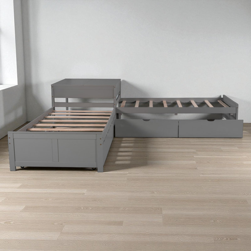 L-Shape Wood Double Twin Platform Beds With Trundle, Gray