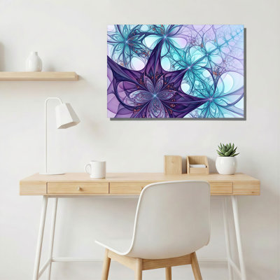 Art mural sur toile à motif floral fractal mauve et bleu sarcelle