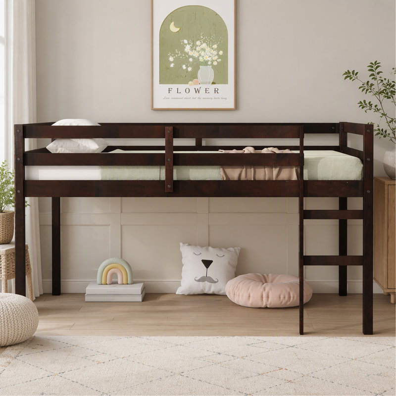 Lit mezzanine simple en bois massif, en bois d'hévéa avec échelle, plateforme de lattes renforcées, espresso, Espresso