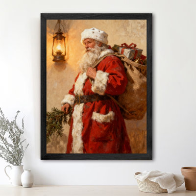 Black Framed Vintage Santa Claus is preparing to give gifts Wall Art Classical realistic oil painting Style Framed Prints